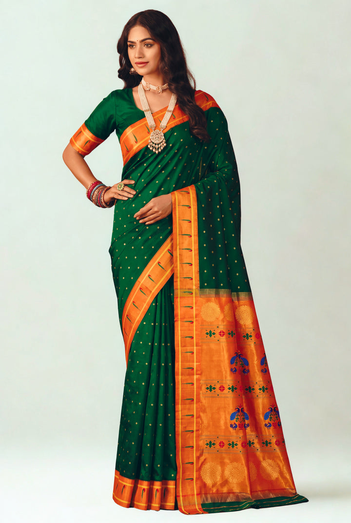 Bottle green muniya silk paithani saree