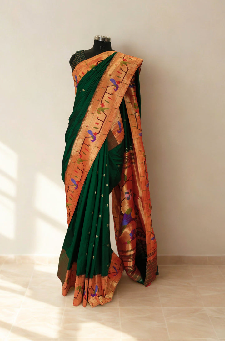 Bottle green parrot and peacock border silk paithani