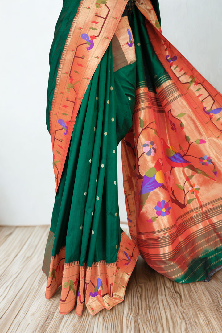 Bottle green parrot and peacock border silk paithani