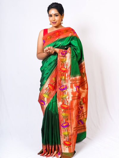 Bottle Green Lotus Border Paithani Saree