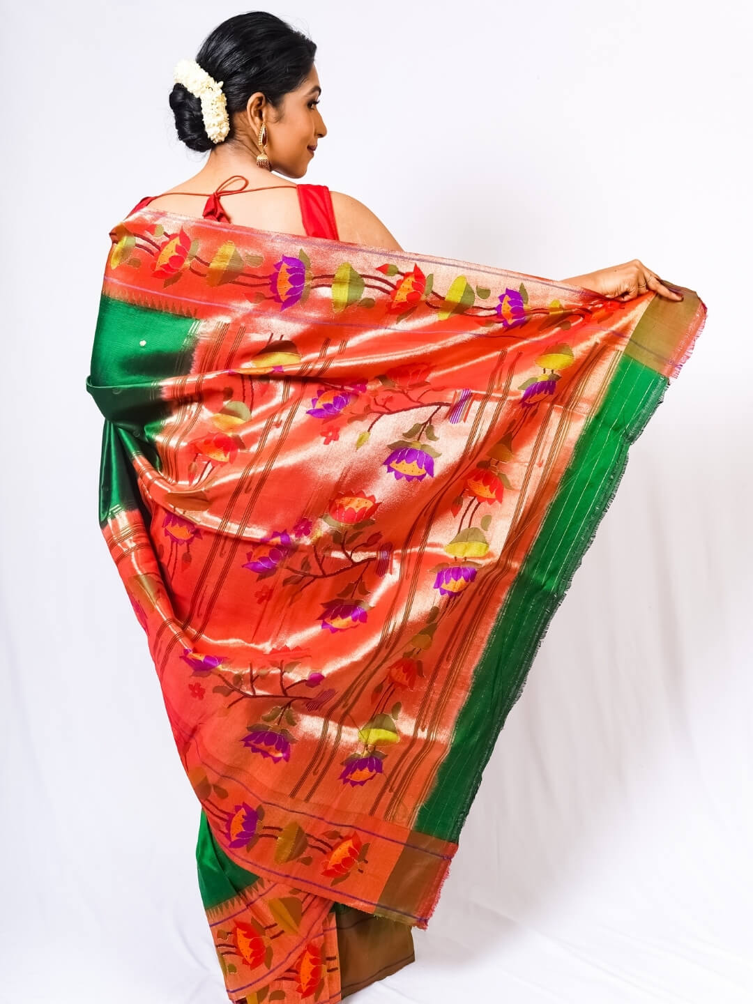 Bottle Green Lotus Border Paithani Saree