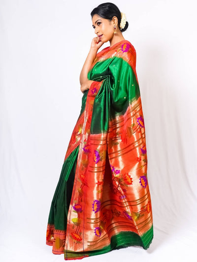 Bottle Green Lotus Border Paithani Saree