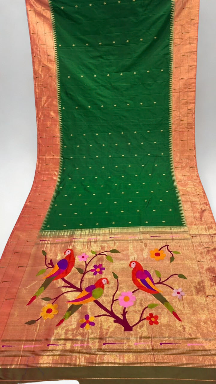 Bottle green triple muniya silk paithani saree