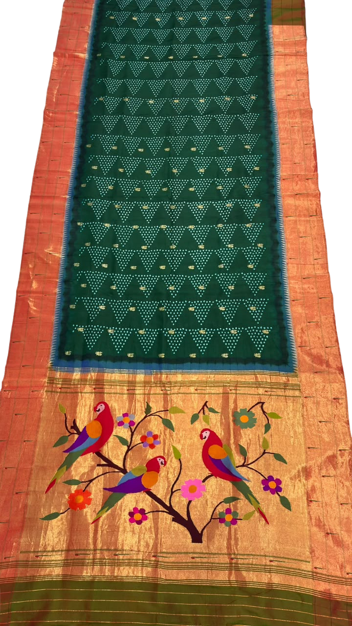 Bottle Green Bandhani Silk Paithani Saree