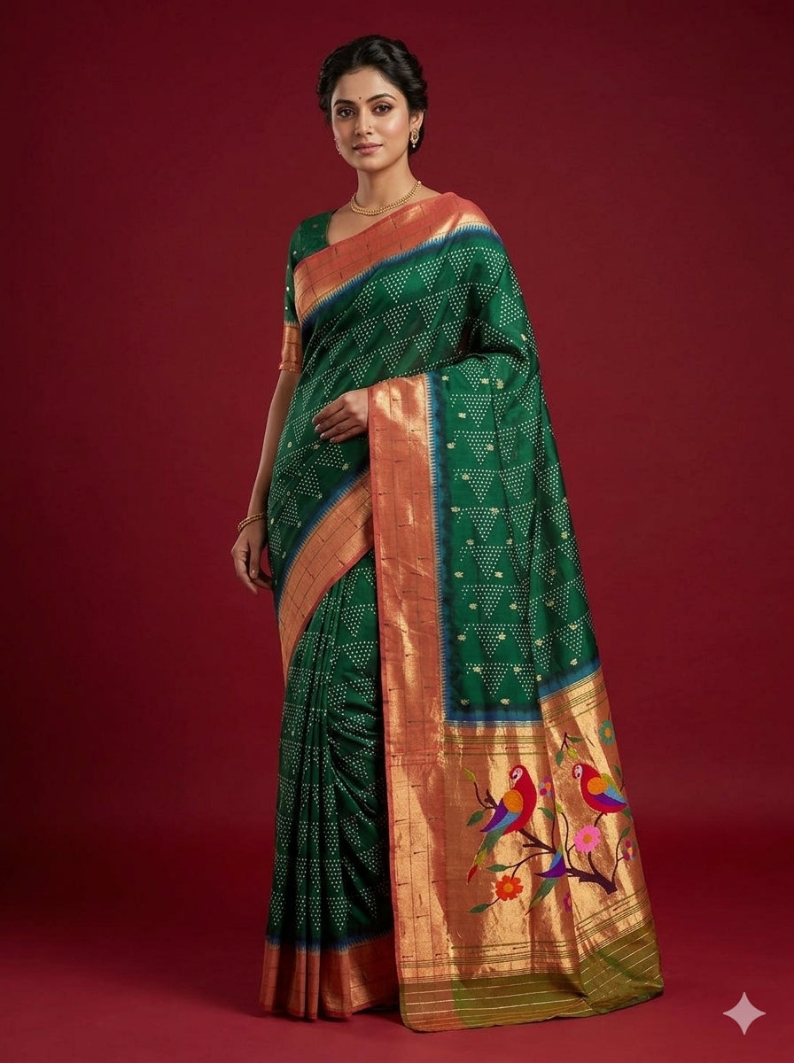 Bottle Green Bandhani Silk Paithani Saree