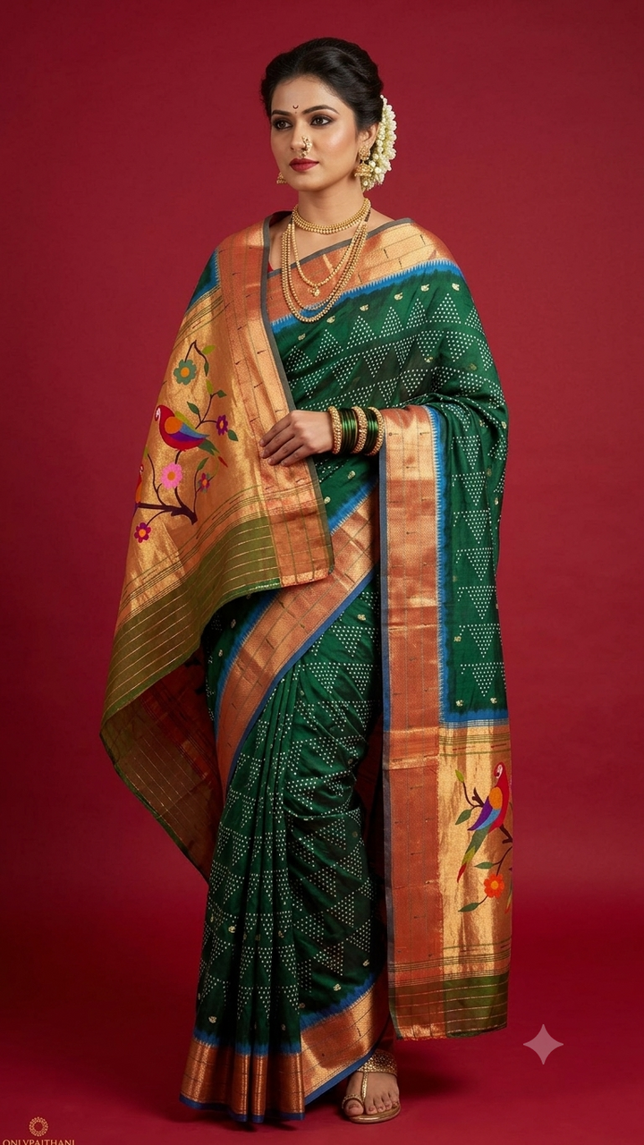 Bottle Green Bandhani Silk Paithani Saree