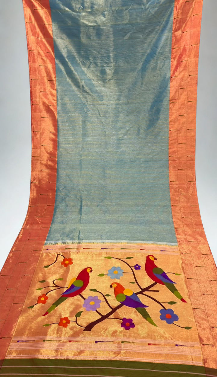 Bluish grey triple muniya silk paithani saree