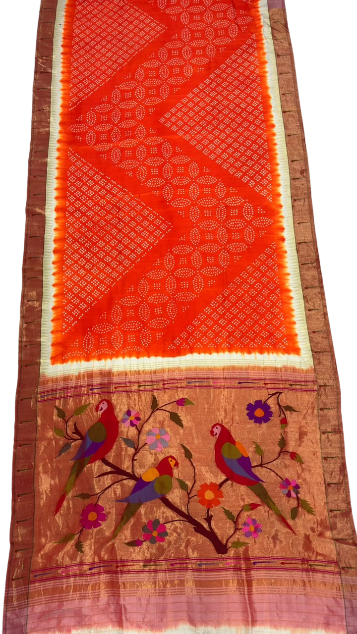 Orange bandhani single muniya silk paithani saree