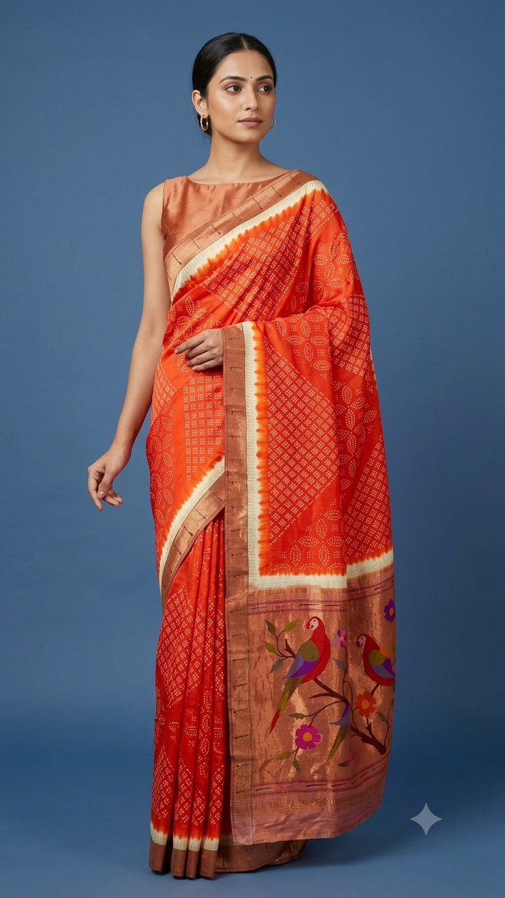 Orange bandhani single muniya silk paithani saree