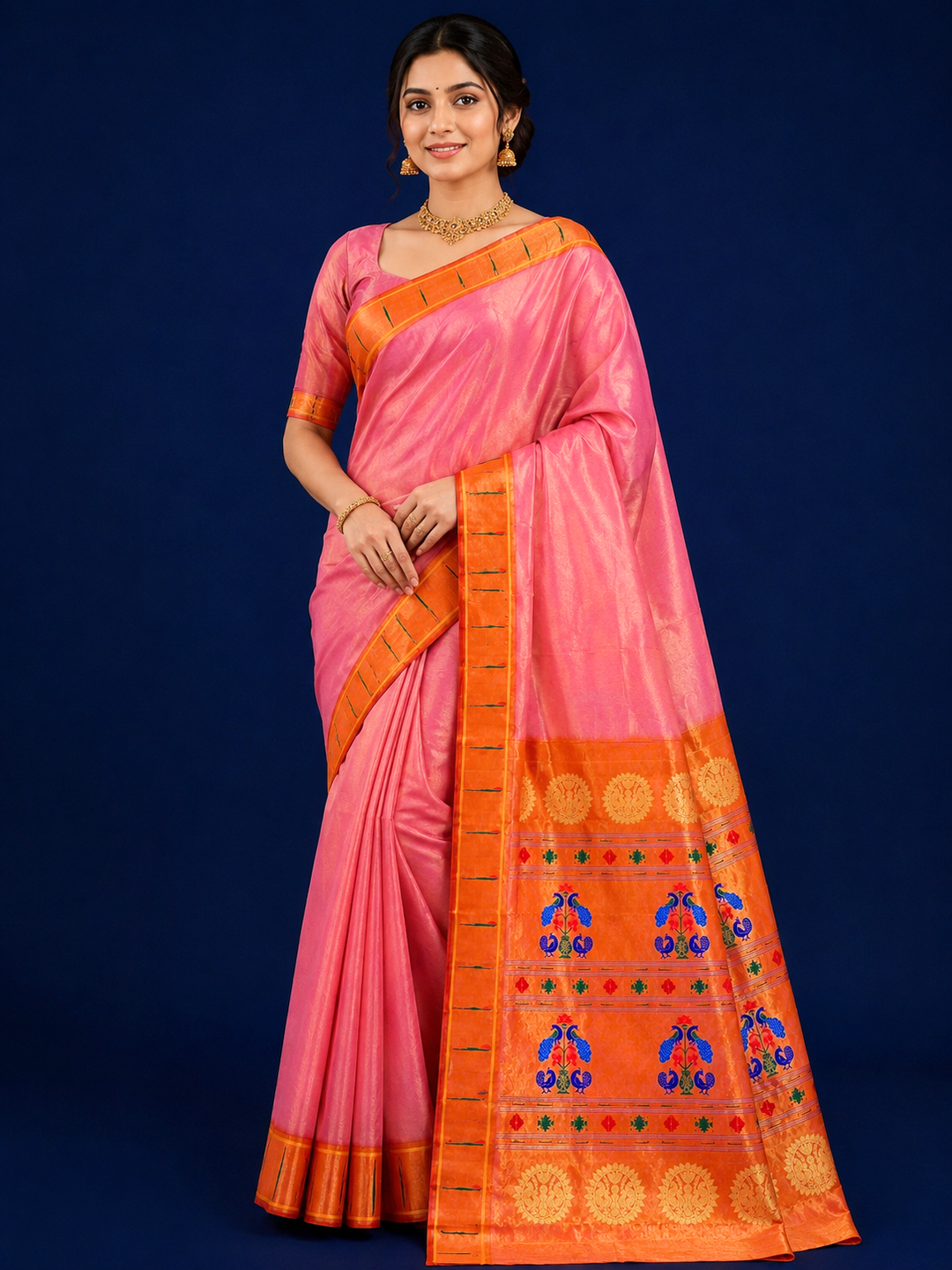 Baby Pink Muniya Silk Paithani