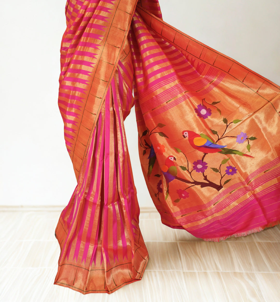 Pink muniya silk paithani saree with rich pallu