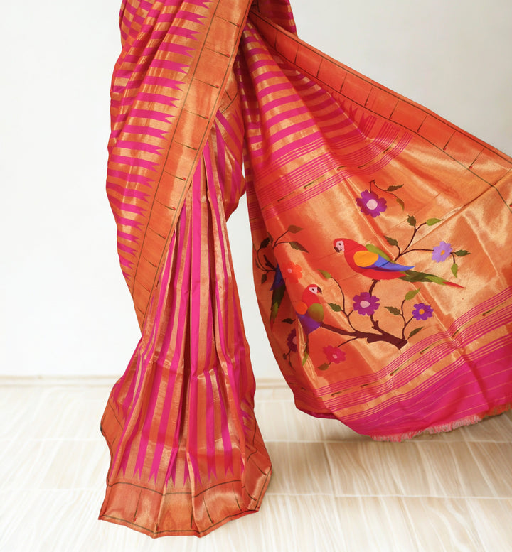 Pink muniya silk paithani saree with rich pallu