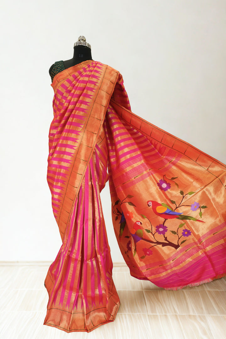 Pink muniya silk paithani saree with rich pallu