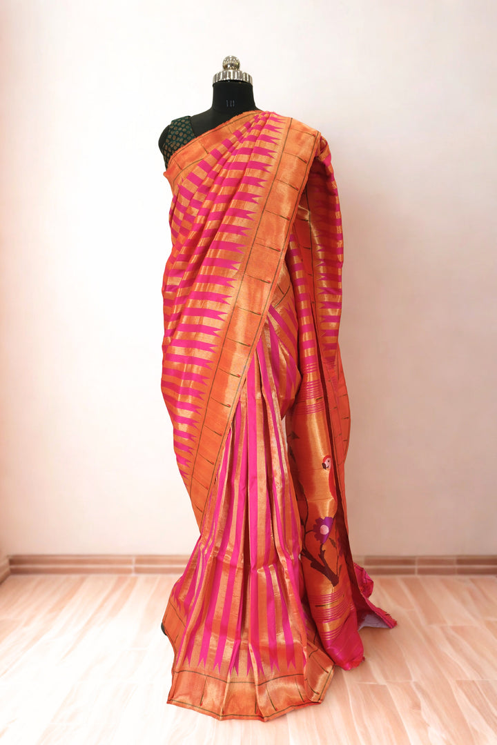 Pink muniya silk paithani saree with rich pallu