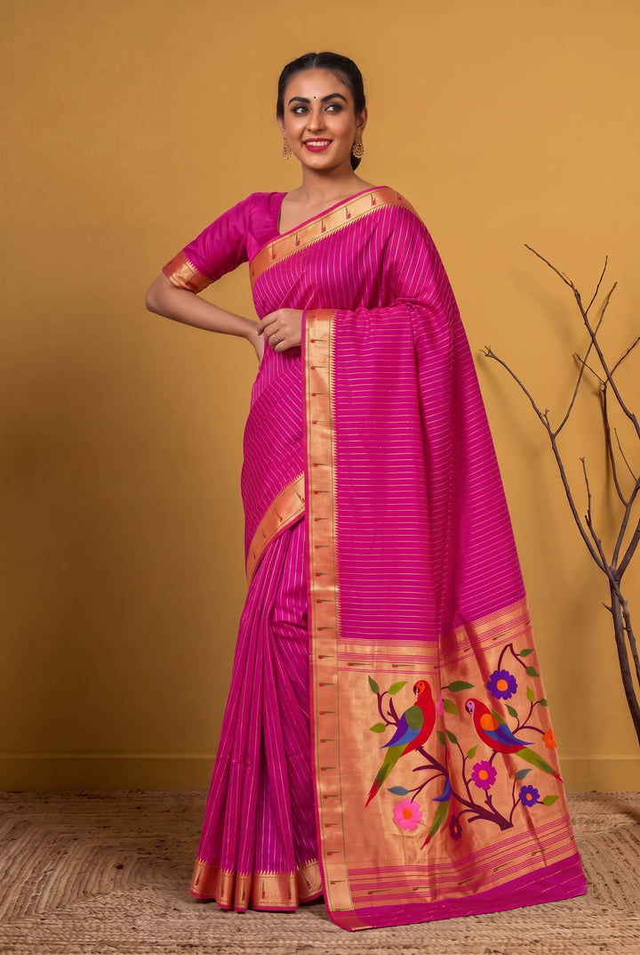 Fuchsia Pink Muniya Rich pallu Silk Paithani Saree
