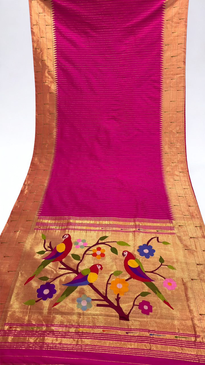 Fuchsia pink triple muniya silk paithani saree