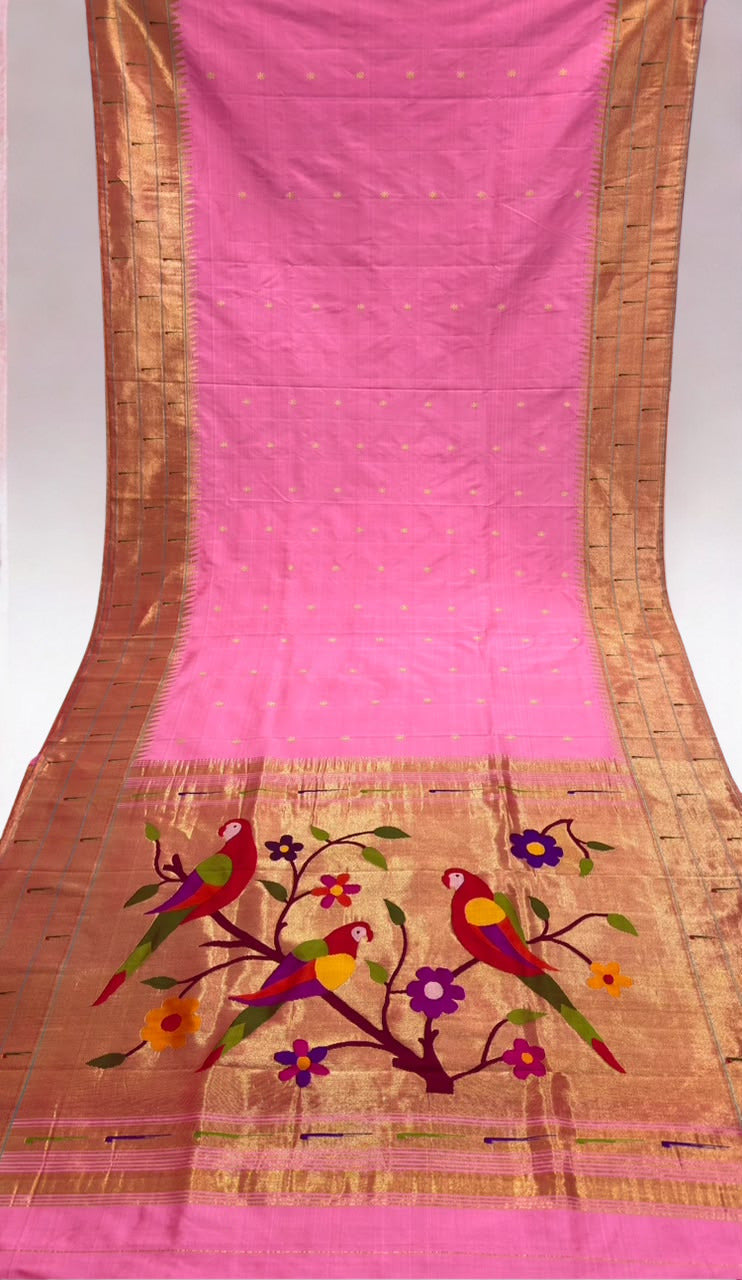 Baby pink triple muniya silk paithani saree