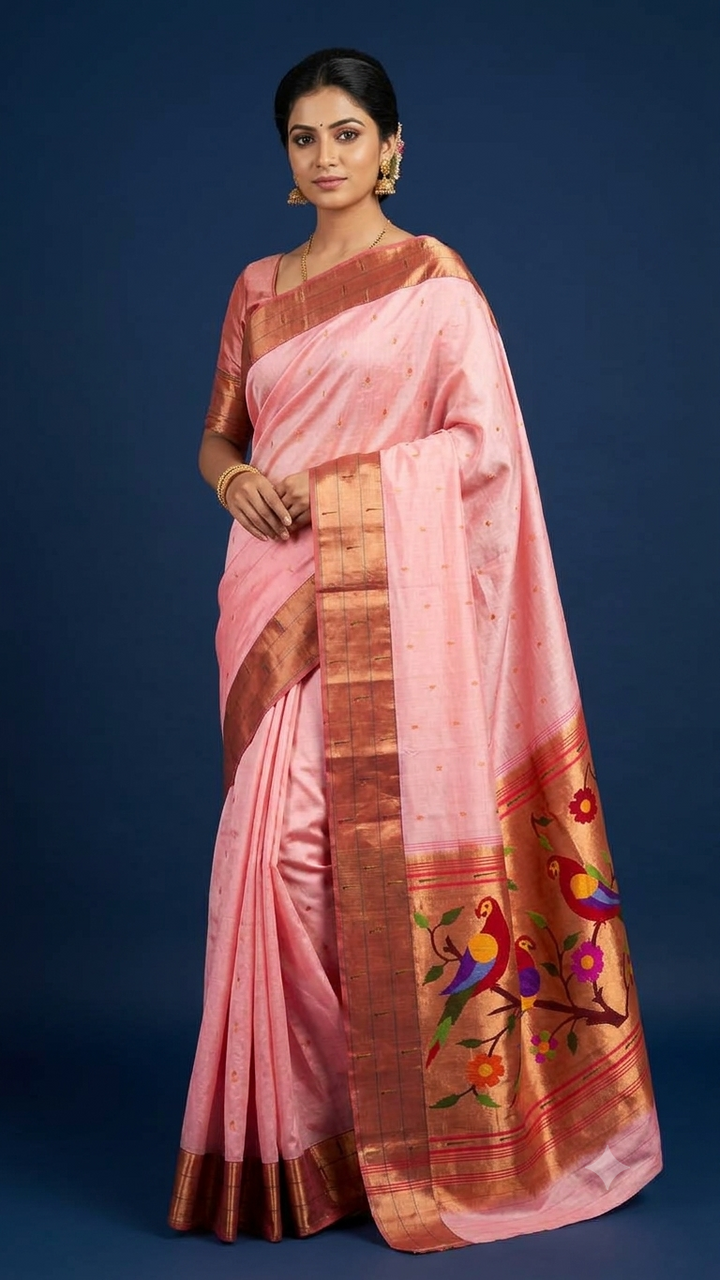 Peach triple muniya silk paithani saree