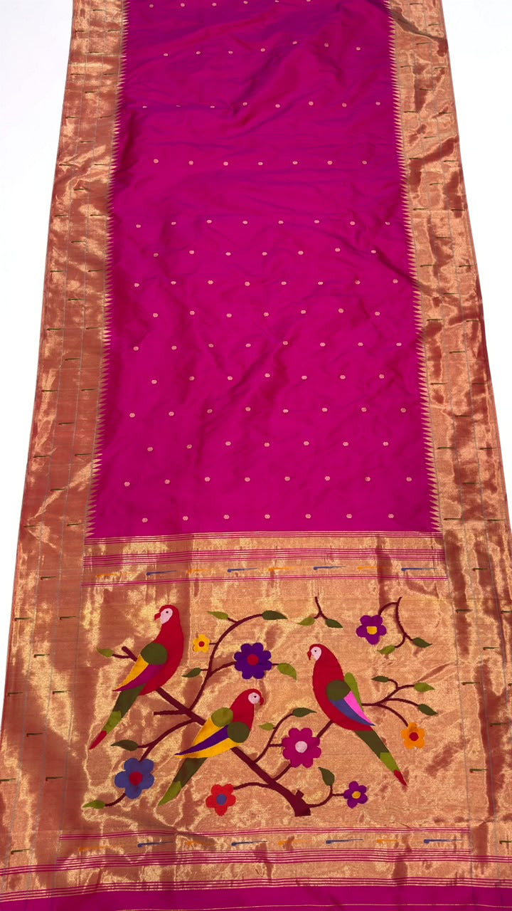 Bright fuchsia triple muniya silk paithani saree