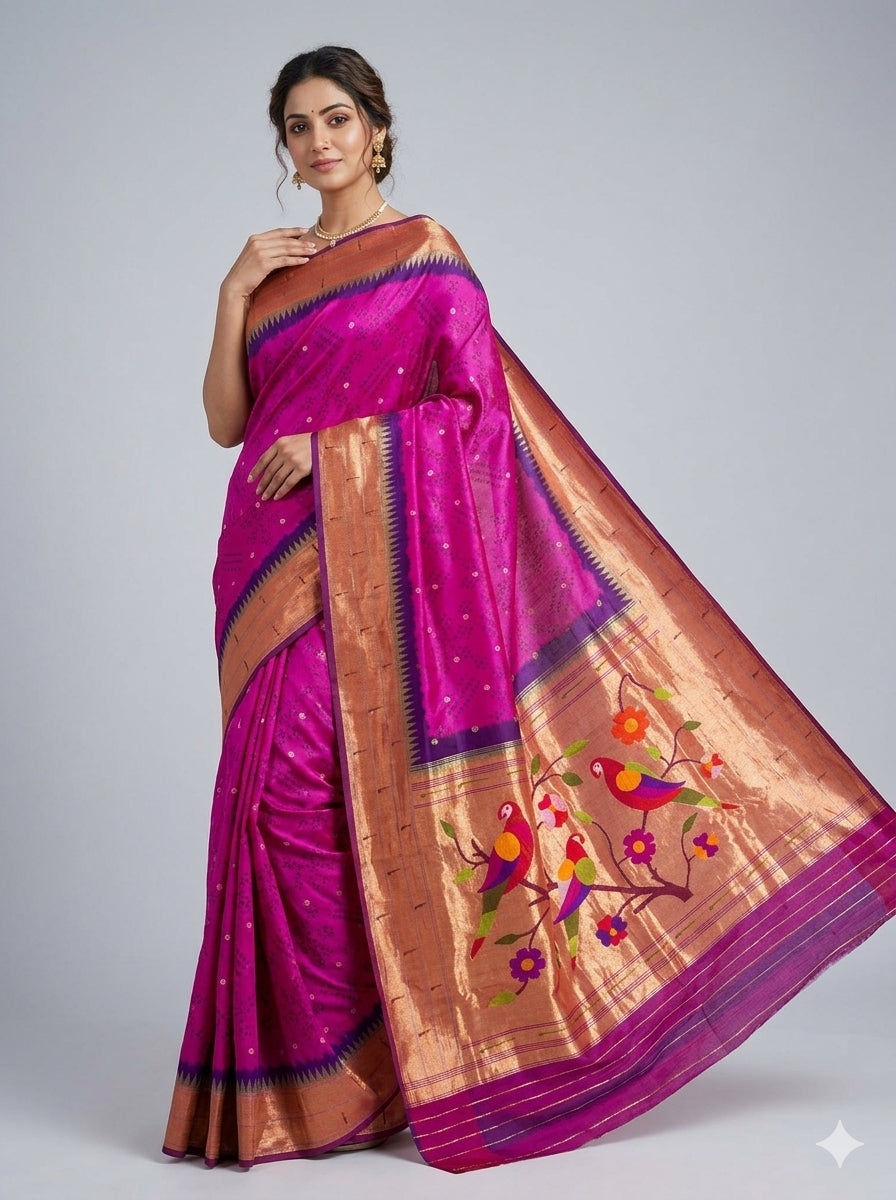 Hot Pink Bandhani Silk Paithani Saree