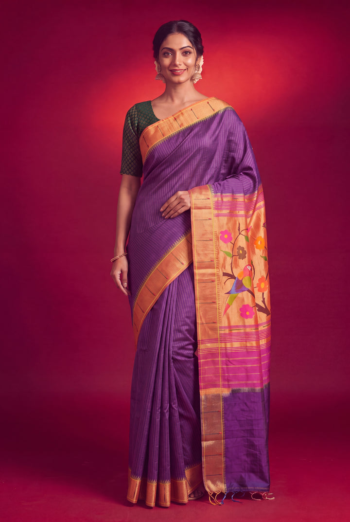 Aubergine Muniya Paithani with Gold Zari Border
