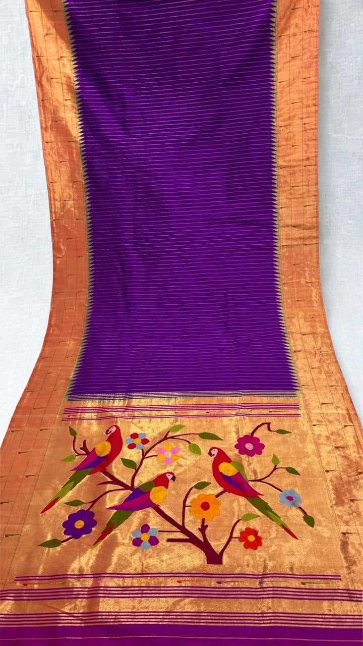 Purple triple muniya rich pallu silk paithani saree