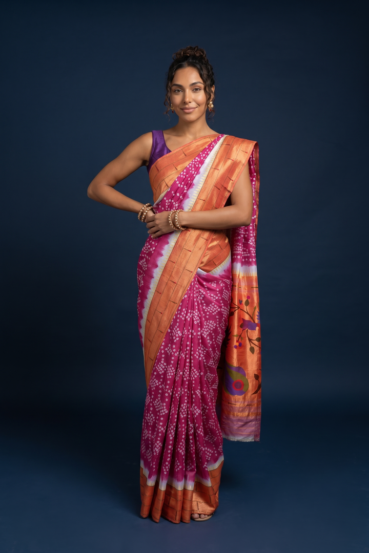 Maroon bandhani silk triple muniya paithani saree