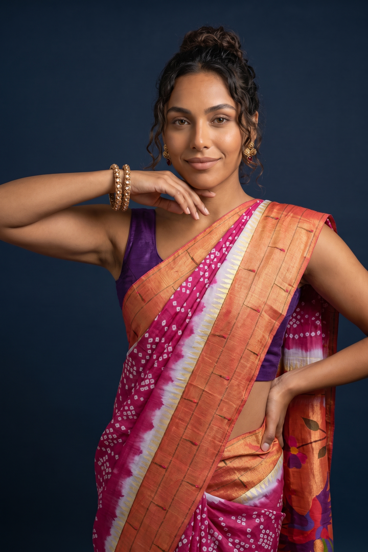 Maroon bandhani silk triple muniya paithani saree