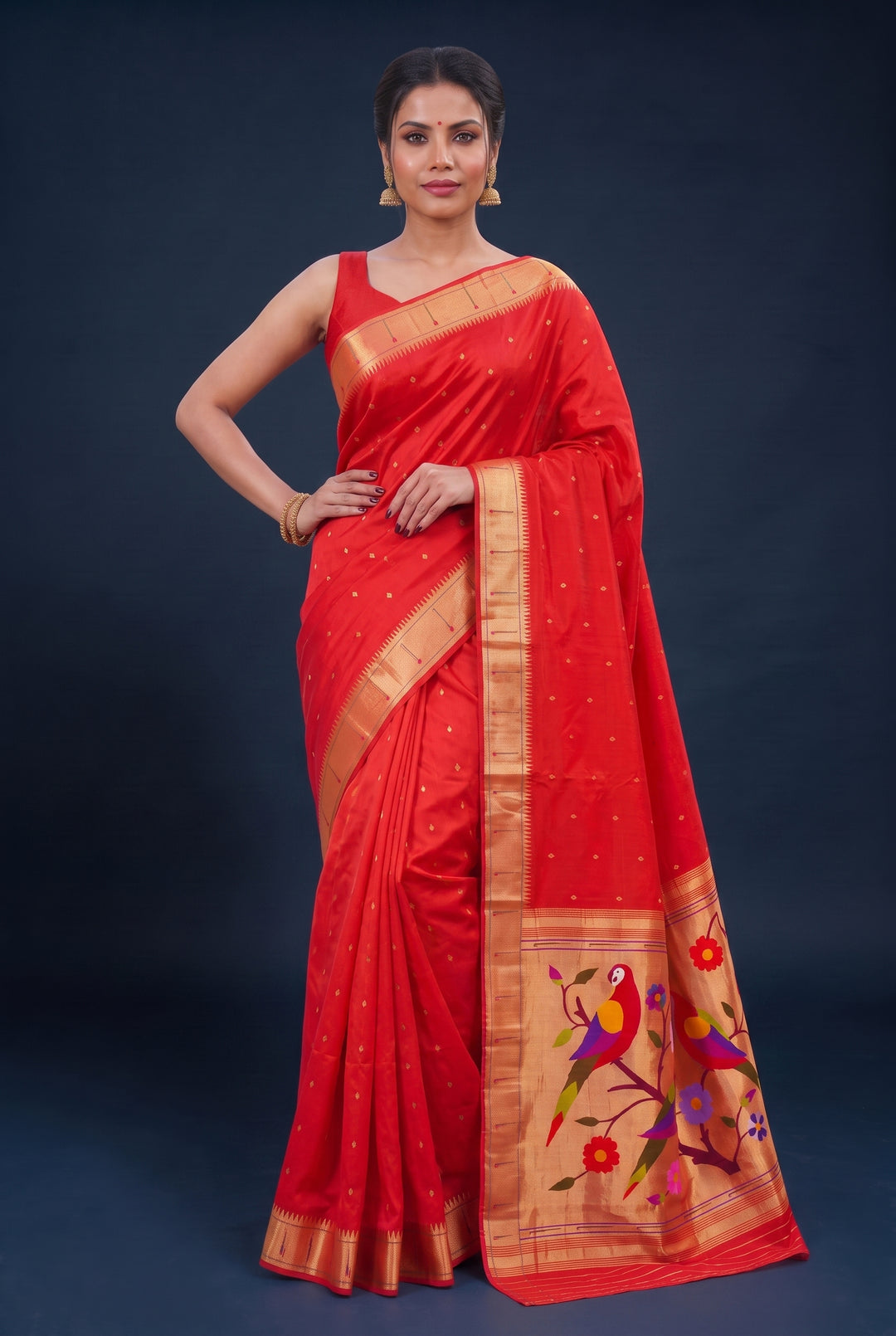 Red Single Muniya Silk Paithani Saree