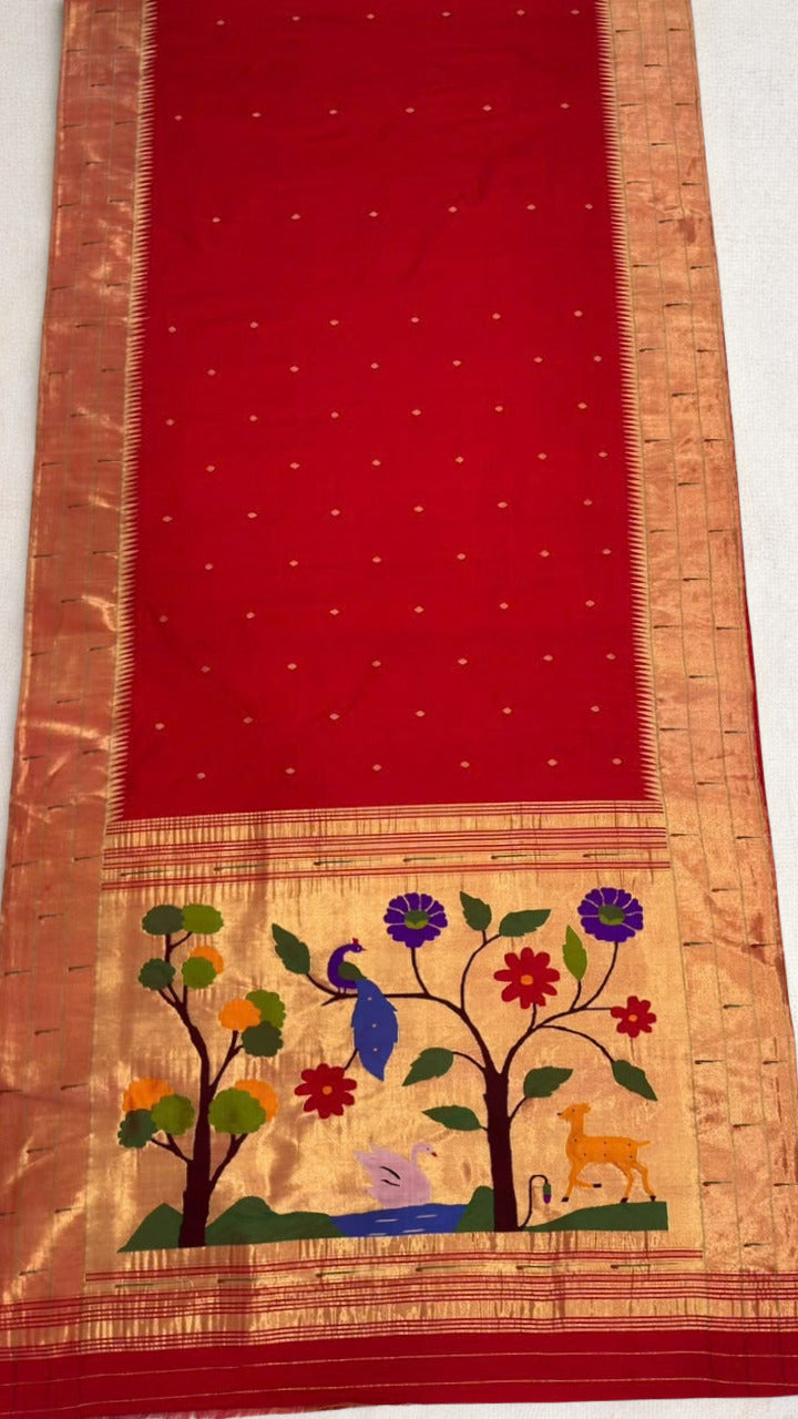 Red triple muniya silk paithani saree