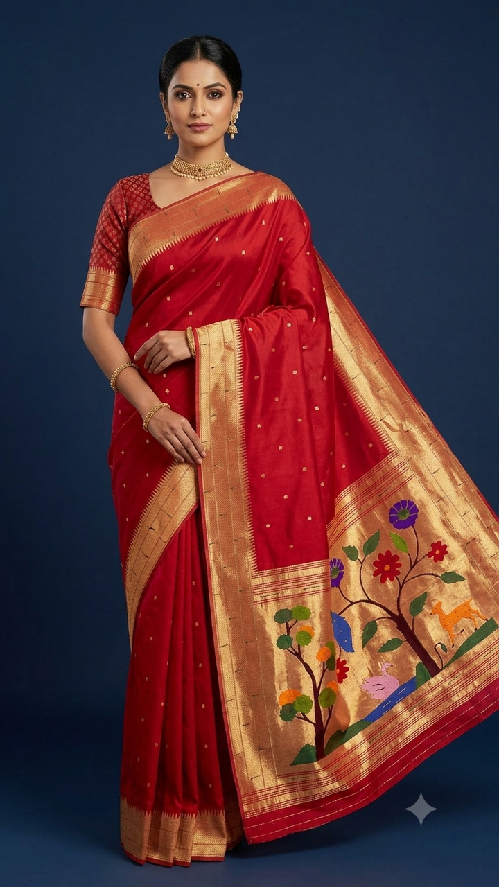 Red triple muniya silk paithani saree