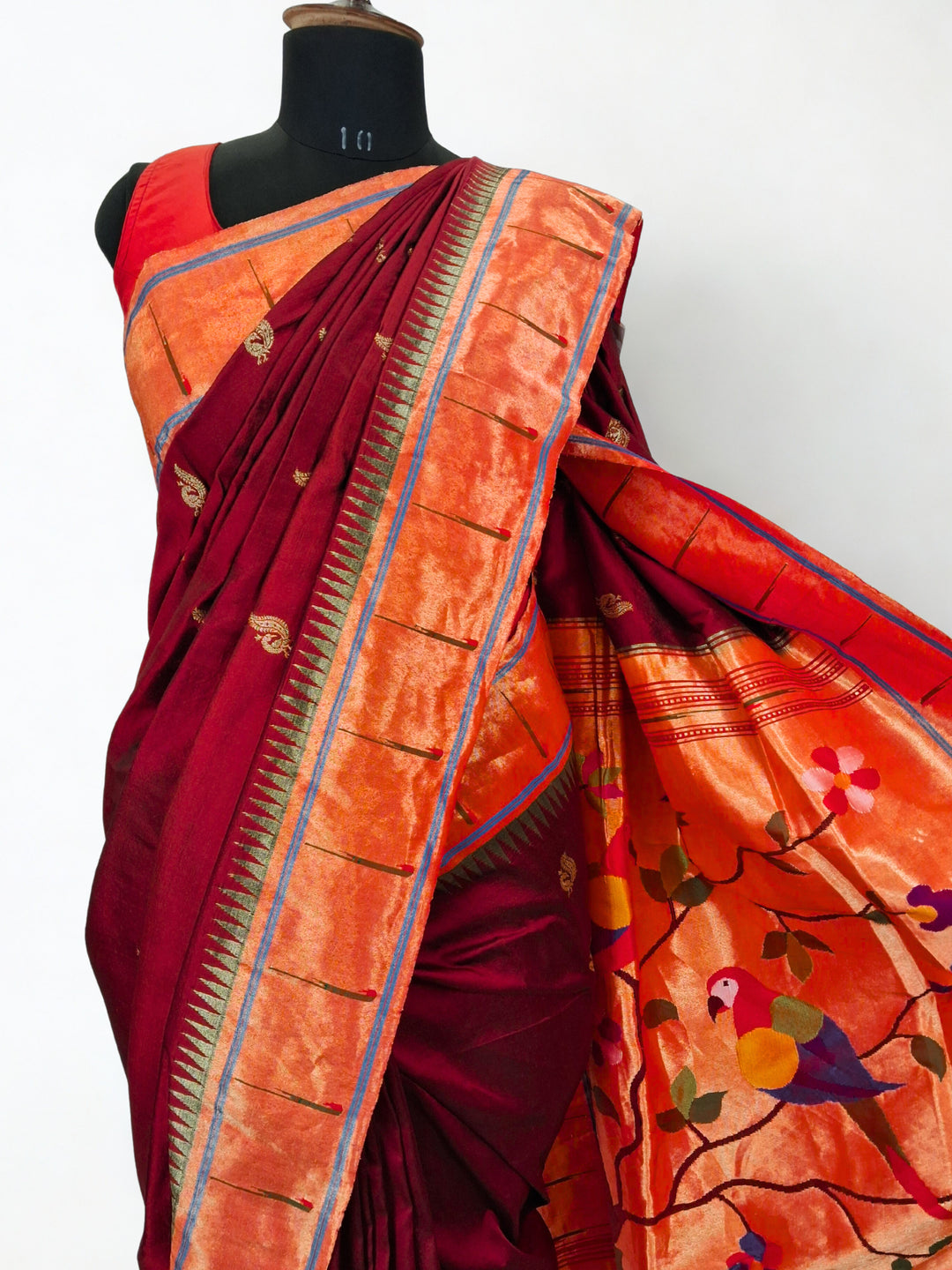 Maroon rich pallu muniya border silk paithani saree