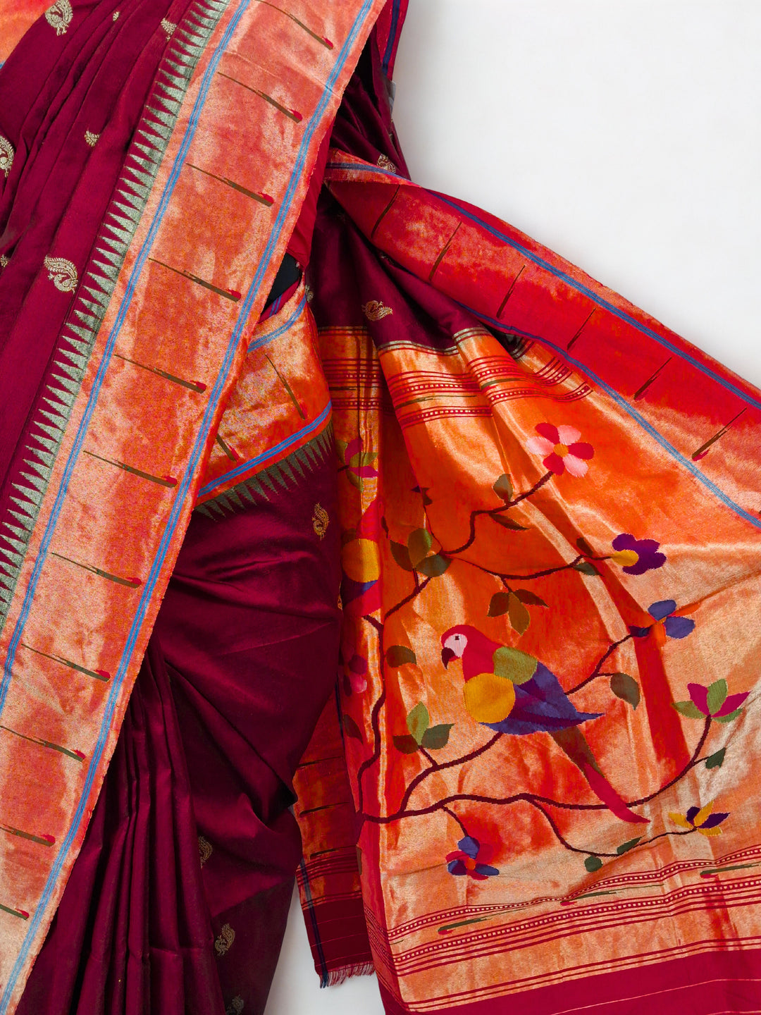 Maroon rich pallu muniya border silk paithani saree