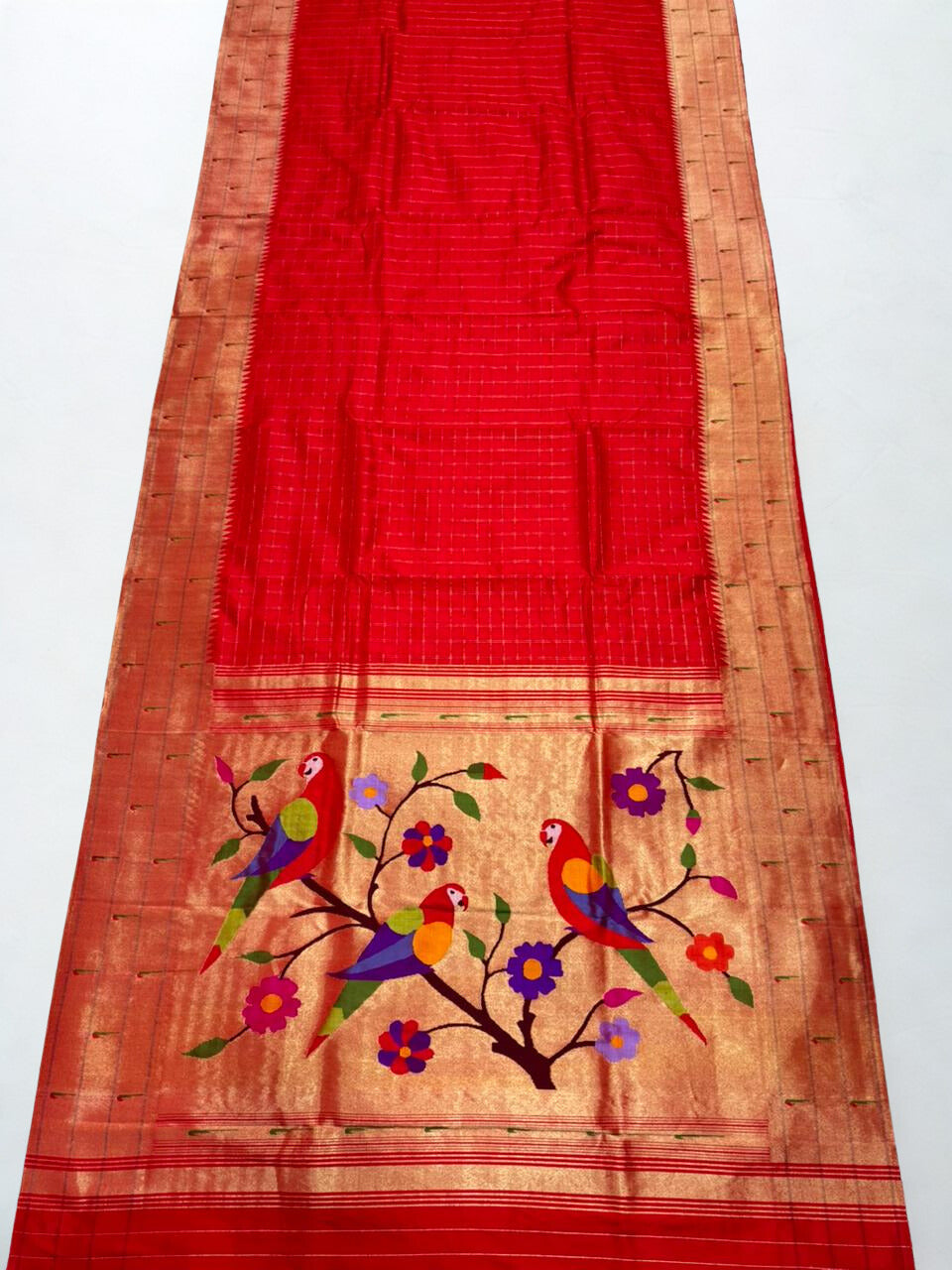 Red Checks Paithani Saree with Gold Zari Border