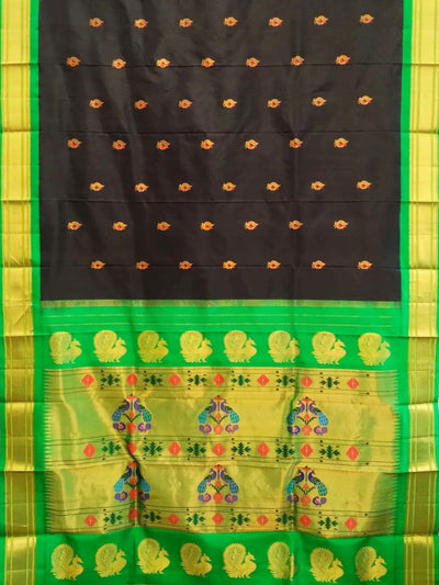 Black Peacock Butti Silk Paithani Saree with Green Border