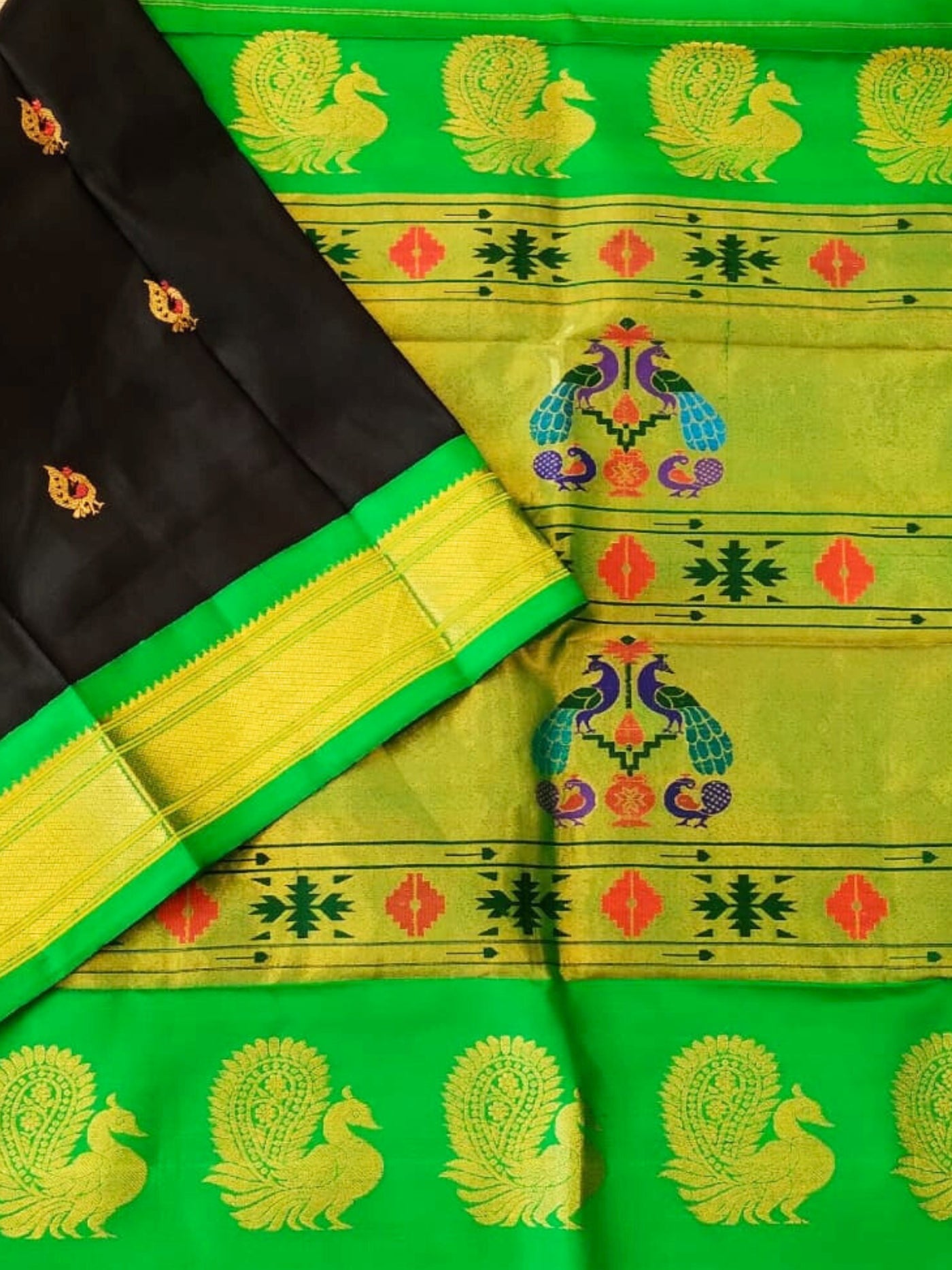 Black Peacock Butti Silk Paithani Saree with Green Border