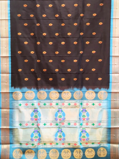 Black Peacock Butti Silk Paithani Saree with Sky Blue Border