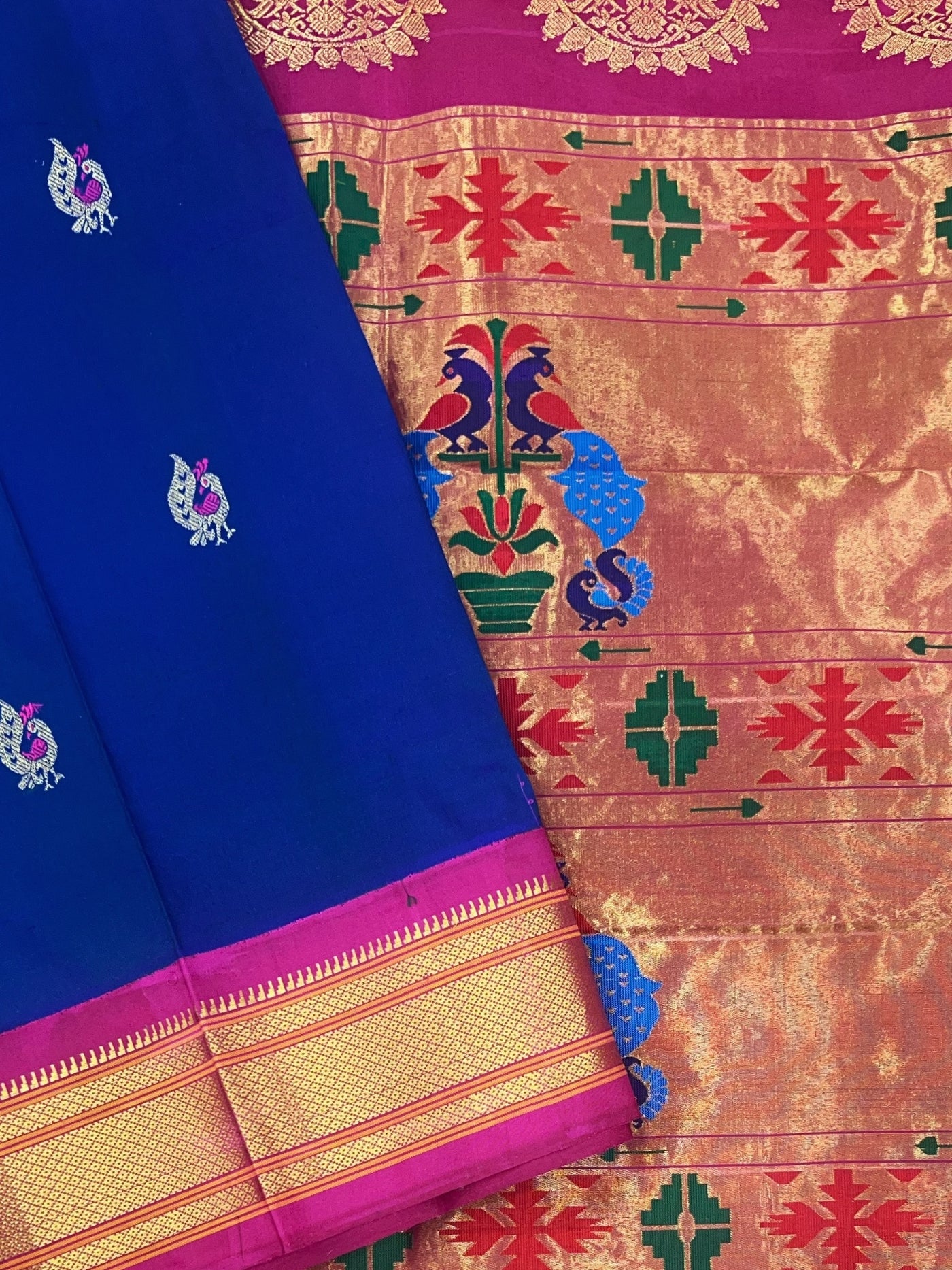 Bluish purple silk paithani saree with peacock butti