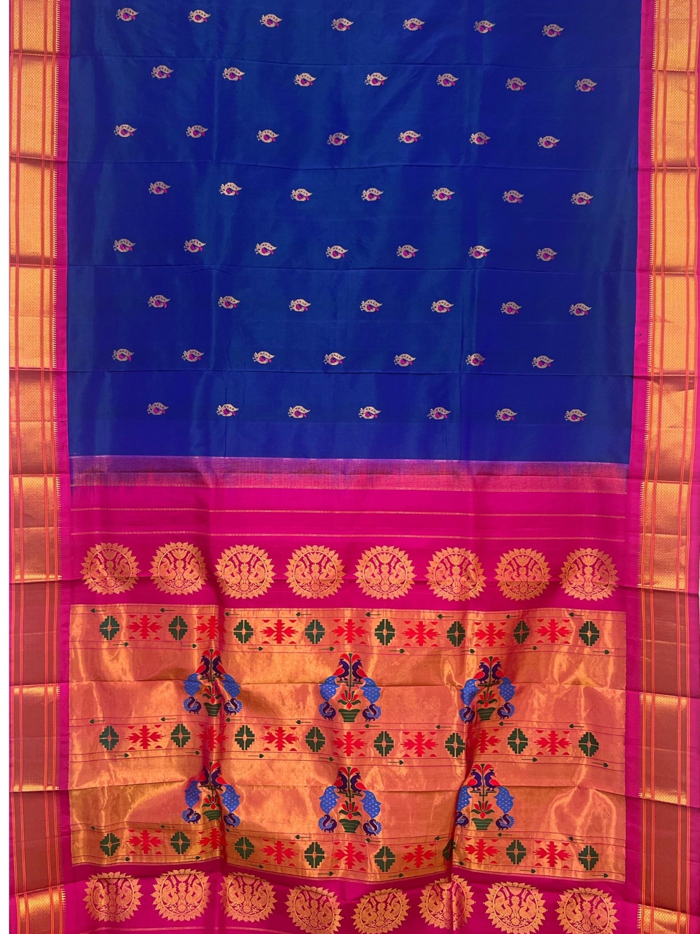 Bluish purple silk paithani saree with peacock butti