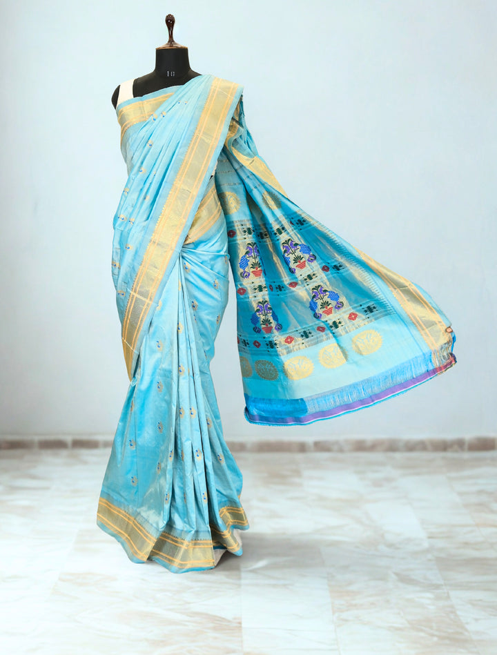 Powder blue silk paithani saree in single color