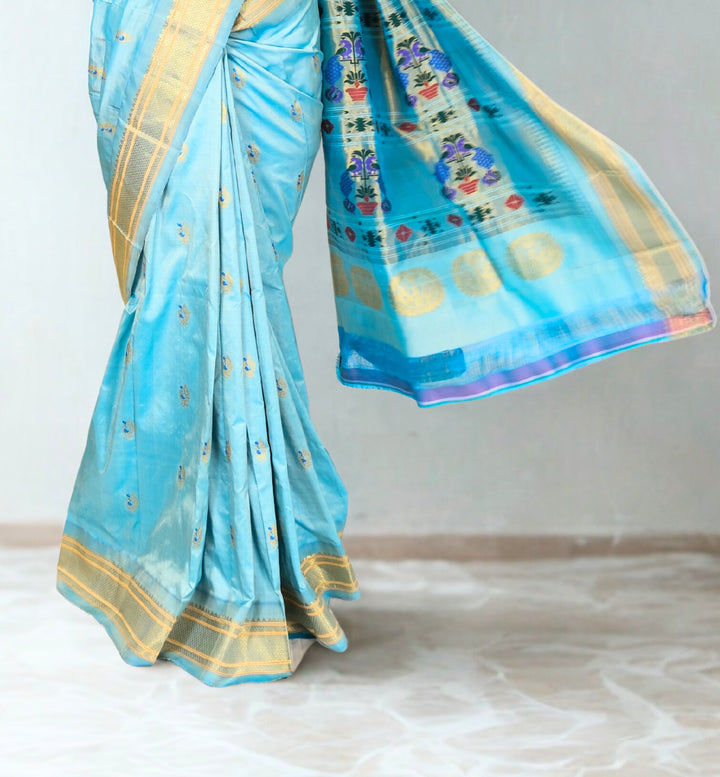 Powder blue silk paithani saree in single color