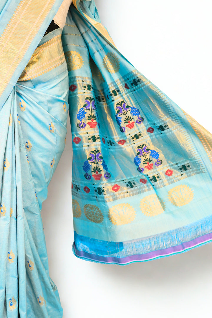 Powder blue silk paithani saree in single color