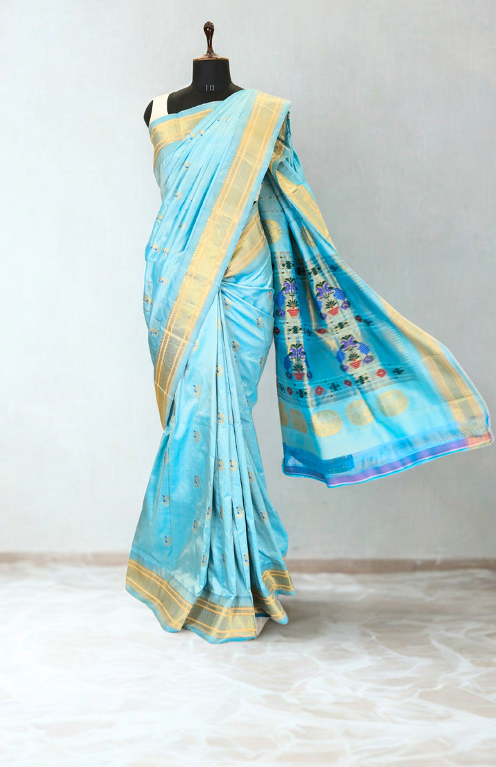 Powder blue silk paithani saree in single color