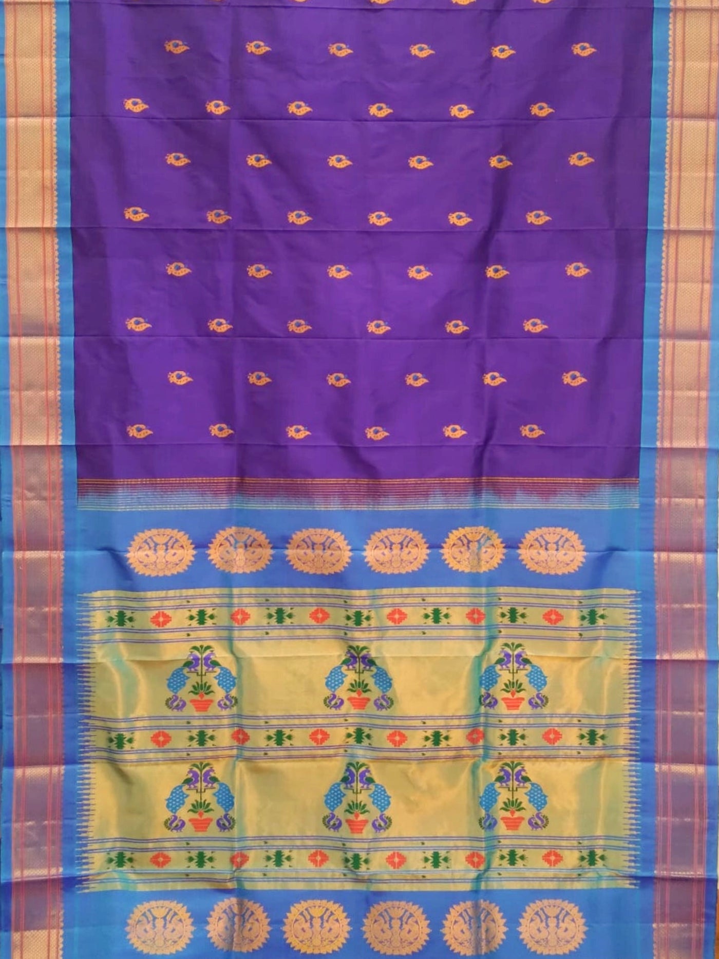 Navy Blue Peacock Butti Silk Paithani Saree 