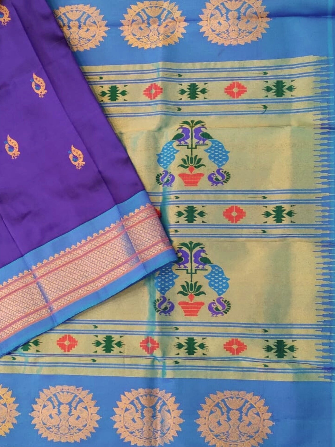 Navy Blue Peacock Butti Silk Paithani Saree 