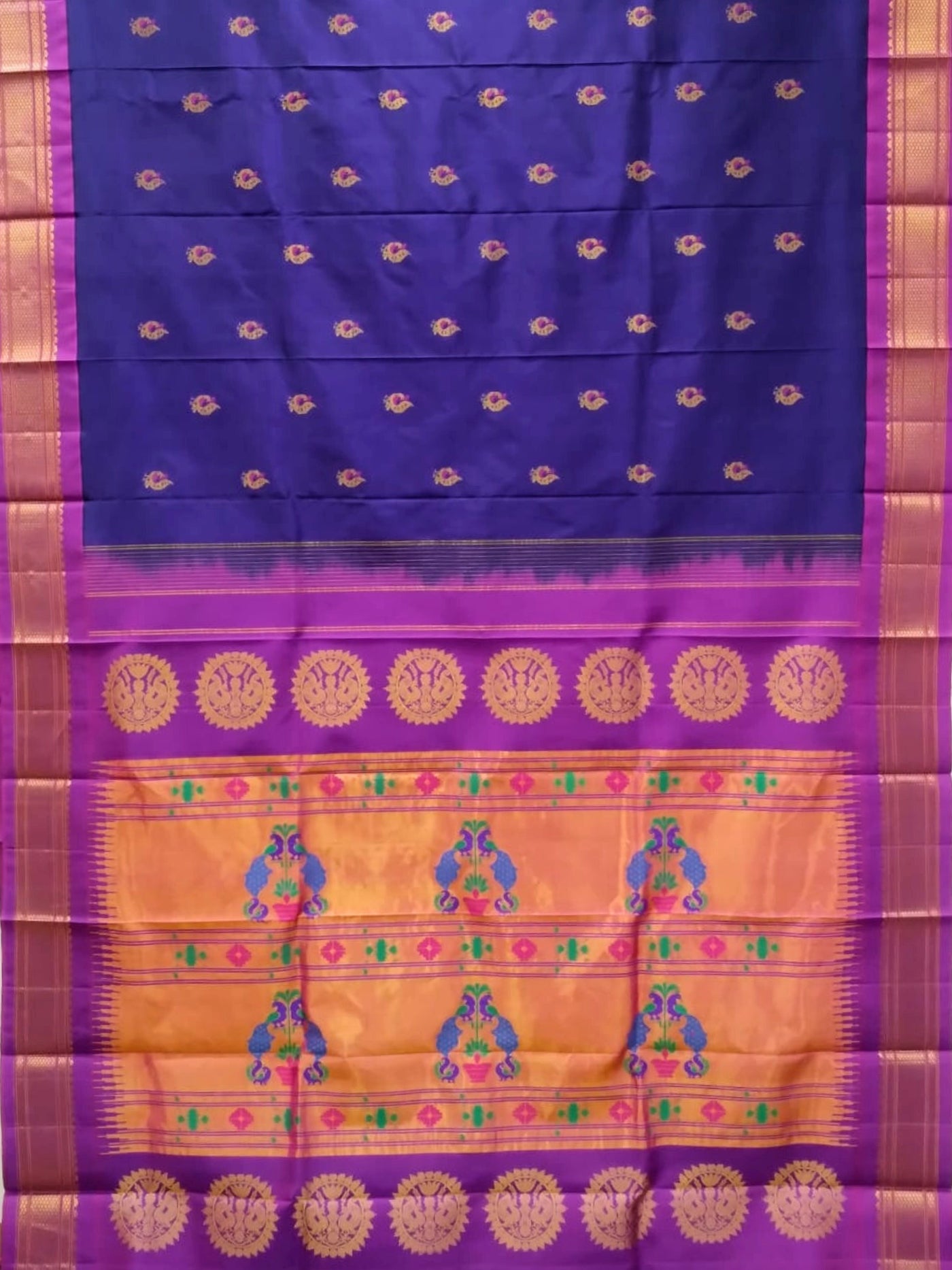 Navy Blue Peacock Butti Silk Paithani Saree