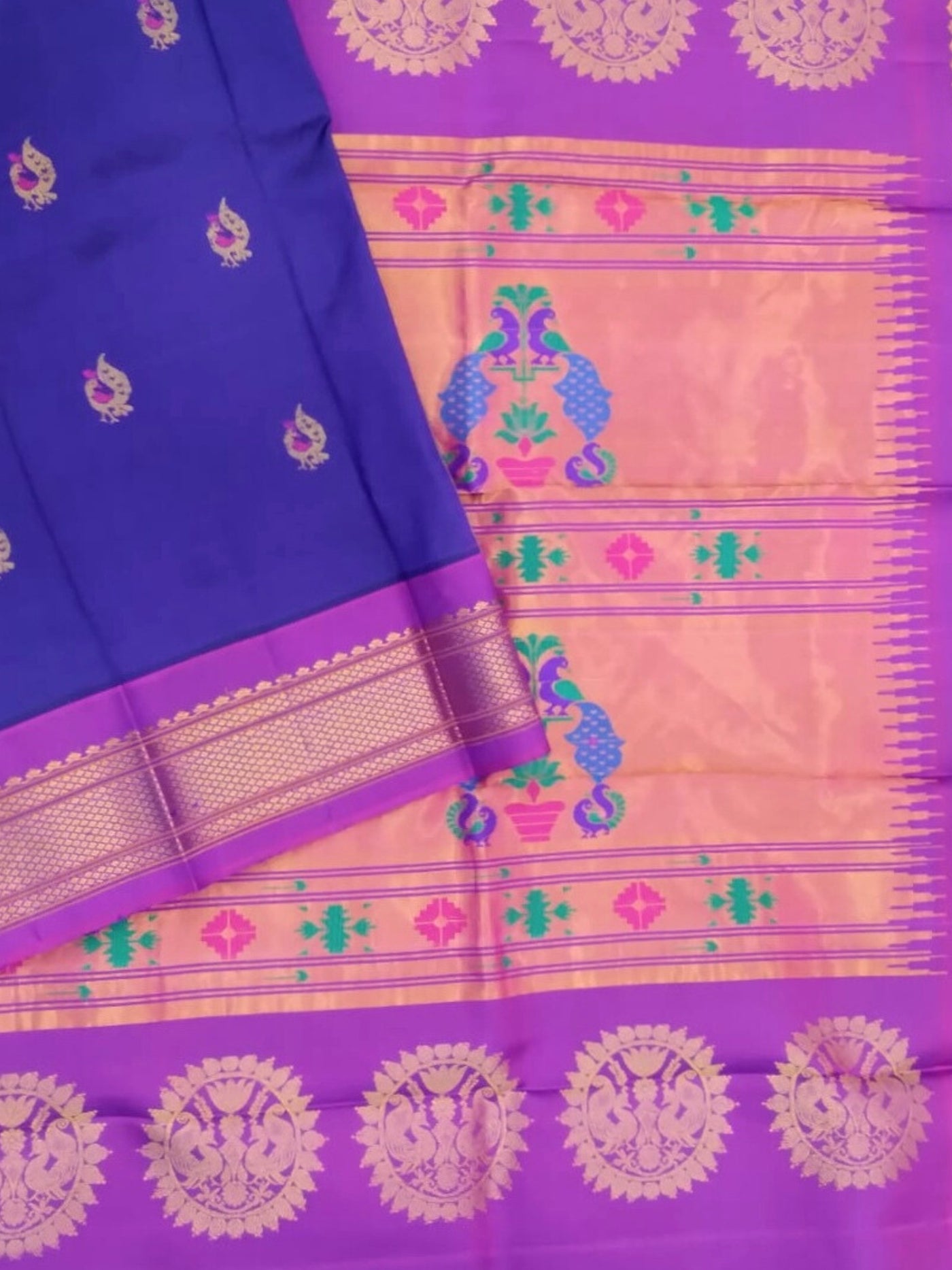 Navy Blue Peacock Butti Silk Paithani Saree