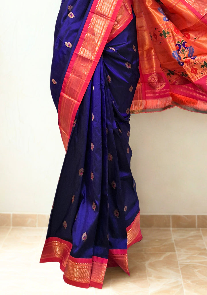 Navy blue peacock butti silk paithani saree with pink border