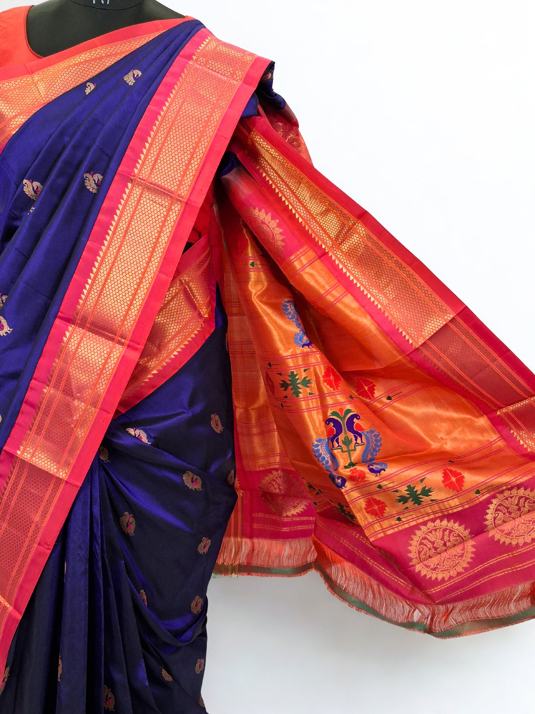 Navy blue peacock butti silk paithani saree with pink border