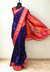 Navy blue peacock butti silk paithani saree with pink border